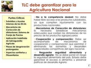TLC debe garantizar para la  Agricultura Nacional No a la competencia desleal:  No debe haber libre acceso a los productos subsidiados, ya que compiten injustamente con los productores nacionales. Mecanismos de Corrección de distorsiones:  Es necesario establecer mecanismos adecuados que corrijan las distorsiones de los precios de los productos agropecuarios Cooperación y compensación:  Debe ser acompañado de mecanismos de cooperación y compensación que permitan ir eliminando las asimetrías y desarrollen capacidades competitivas del agro nacional. Resguardar seguridad alimentaria y desarrollo agrario:  No se debe poner en riesgo la seguridad alimentaria del país. Estado debe garantizar el acceso a alimentos y preservar políticas de desarrollo Agrario Puntos Críticos   Subsidios y Ayudas Internas de los EE.UU. Mecanismo de Corrección de distorsiones: Sistema de Franja de Precios Aplicación Indefinida de Salvaguardia Agrícola Plazos de desgravación prolongados  Aspectos sanitarios y Fitosanitarios 