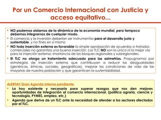 Por un Comercio Internacional con Justicia y acceso equitativo... ALERTA!! Gran Agenda interna pendiente: La hoy existente y necesaria para superar rezagos que nos den mejores oportunidades de integración al comercio internacional. (política agraria, ciencia y tecnología, PYMES, empleo, etc.) Agenda que derive de un TLC ante la necesidad de atender a los sectores afectados por el TLC.  NO podemos aislarnos de la dinámica de la economía mundial, pero tampoco debemos integrarnos de cuelquier modo. El comercio y la inversión deberían ser instrumentos  para el desarrollo justo y sustentable , y no fines en sí mismo NO toda inserción externa es favorable  la simple aprobación de acuerdos o tratados comerciales no garantiza una buena inserción. Los TLC  NO  son la única ni la mejor vía para la inserción externa: imortancia de los bloques regionales y subregionales. El TLC no otorga un tratamiento adecuado para las asimetrías.  Propugnamos por estrategias de inserción externa que contribuyan a reducir las desigualdades (genéricas, étnicas, sociales, geográficas), mejorar las condiciones de vida de las mayorías de nuestra población y que garanticen la sustentabilidad.   