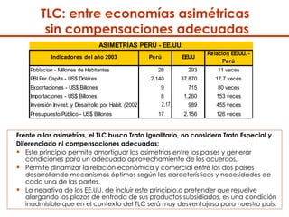 TLC: entre economías asimétricas  sin compensaciones adecuadas Frente a las asimetrías, el TLC busca Trato Igualitario, no considera Trato Especial y Diferenciado ni compensaciones adecuadas: Este principio permite amortiguar las asimetrías entre los países y generar condiciones para un adecuado aprovechamiento de los acuerdos,  Permite dinamizar la relación económica y comercial entre los dos países desarrollando mecanismos óptimos según las características y necesidades de cada una de las partes.  La negativa de los EE.UU. de incluir este principio,o pretender que resuelve alargando los plazos de entrada de sus productos subsidiados, es una condición inadmisible que en el contexto del TLC será muy desventajosa para nuestro país.  