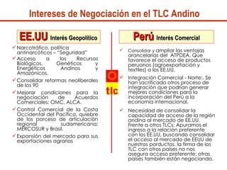 Narcotráfico, política antinarcóticos – “Seguridad” Acceso a los Recursos Biológicos, Genéticos y Energéticos Andinos y Amazónicos. Consolidar reformas neoliberales de los 90  Mejorar condiciones para la negociación de Acuerdos Comerciales: OMC, ALCA. Control Comercial de la Costa Occidental del Pacífico, quiebre de los porceso de articulación regional sudamericana: MERCOSUR y Brasil. Expansión del mercado para sus exportaciones agrarias Consolidar y  ampliar las ventajas arancelarias del  ATPDEA. Que favorece el acceso de productos peruanos (agroexportación y textiles) a los EE.UU. Integración Comercial - Norte:. Se han sacrificado otros proceso de integración que podrían generar mejores condiciones para la incorporación del Perú a la economía internacional.  Necesidad de consolidar la capacidad de acceso de la región andina al mercado de EE.UU. Frente a otros TLCs: Apuramos el ingreso a la relación preferente con los EE.UU, buscando consolidar el acceso al mercado de EEUU de nuestros porductos, la firma de los TLC con otros países no nos asegura acceso preferente: otras países también están negociando.  Intereses de Negociación en el TLC Andino EE.UU   Interés Geopolítico Perú   Interés Comercial 