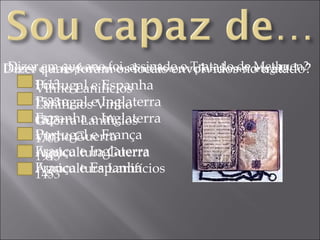 Dizer em que ano foi  assinado o Tratado de Methuen? 1613 1533 1823 1703 1943 1453 Dizer quais foram os locais envolvidos no tratado? Portugal e Espanha Portugal e Inglaterra Espanha e Inglaterra Portugal e França França e Inglaterra França e Espanha Dizer o que, respectivamente, melhorou e piorou em Portugal? Vinho Lanifícios Lanifícios Vinho Guerra Lanifícios Vinho Guerra Agricultura Guerra Agricultura Lanifícios 