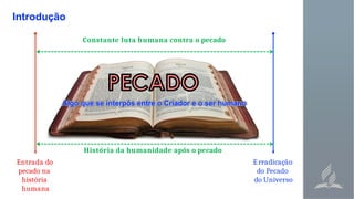 Introdução
Entrada do
pecado na
história
humana
Erradicação
do Pecado
do Universo
Constante luta humana contra o pecado
Algo que se interpôs entre o Criador e o ser humano
História da humanidade após o pecado
 