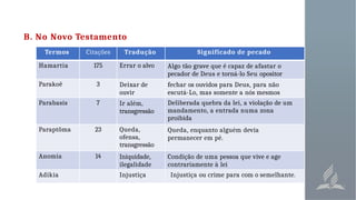 B. No Novo Testamento
Termos Citações Tradução Significado de pecado
Hamartia 175 Errar o alvo Algo tão grave que é capaz de afastar o
pecador de Deus e torná-lo Seu opositor
Parakoê 3 Deixar de
ouvir
fechar os ouvidos para Deus, para não
escutá-Lo, mas somente a nós mesmos
Parabasis 7 Ir além,
transgressão
Deliberada quebra da lei, a violação de um
mandamento, a entrada numa zona
proibida
Paraptõma 23 Queda,
ofensa,
transgressão
Queda, enquanto alguém devia
permanecer em pé.
Anomia 14 Iniquidade,
ilegalidade
Condição de uma pessoa que vive e age
contrariamente à lei
Adikia Injustiça Injustiça ou crime para com o semelhante.
 