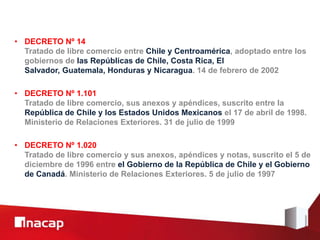 • DECRETO Nº 14
  Tratado de libre comercio entre Chile y Centroamérica, adoptado entre los
  gobiernos de las Repúblicas de Chile, Costa Rica, El
  Salvador, Guatemala, Honduras y Nicaragua. 14 de febrero de 2002

• DECRETO Nº 1.101
  Tratado de libre comercio, sus anexos y apéndices, suscrito entre la
  República de Chile y los Estados Unidos Mexicanos el 17 de abril de 1998.
  Ministerio de Relaciones Exteriores. 31 de julio de 1999

• DECRETO Nº 1.020
  Tratado de libre comercio y sus anexos, apéndices y notas, suscrito el 5 de
  diciembre de 1996 entre el Gobierno de la República de Chile y el Gobierno
  de Canadá. Ministerio de Relaciones Exteriores. 5 de julio de 1997
 