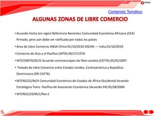 Inicio
•Acuerdo Fecha (en vigor) Referencia Recientes Comunidad Económica Africana (CEA)
firmado, pero aún debe ser ratificado por todos los países
•Área de Libre Comercio ANSA-China 01/10/2010 ASEAN — India 01/10/2010
•Comercio de Asia y el Pacífico (APTA) 06/17/1976
•WT/COMTD/N/22 Acuerdo centroeuropeo de libre cambio (CEFTA) 05/01/2007
• Tratado de Libre Comercio entre Estados Unidos, Centroamérica y República
Dominicana (DR-CAFTA)
•WT/REG22/M/4 Comunidad Económica de Estados de África Occidental Acuerdo
Estratégico Trans -Pacífico de Asociación Económica (Acuerdo P4) 05/28/2006
•WT/REG229/M/1/Rev.1
Contenido Temático
 