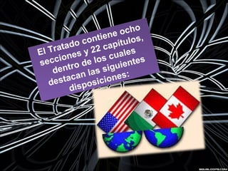 El Tratado contiene ocho
secciones y 22 capítulos,
dentro de los cuales
destacan las siguientes
disposiciones:
El Tratado contiene ocho
secciones y 22 capítulos,
dentro de los cuales
destacan las siguientes
disposiciones:
 