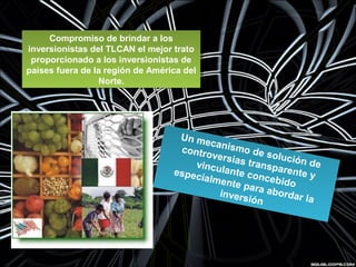 Un mecanismo de solución de
controversias transparente y
vinculante concebido
especialmente para abordar la
inversión
Un mecanismo de solución de
controversias transparente y
vinculante concebido
especialmente para abordar la
inversión
Compromiso de brindar a los
inversionistas del TLCAN el mejor trato
proporcionado a los inversionistas de
países fuera de la región de América del
Norte.
Compromiso de brindar a los
inversionistas del TLCAN el mejor trato
proporcionado a los inversionistas de
países fuera de la región de América del
Norte.
 