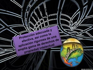 Protección a la propiedad
intelectual
Protección adecuada y
efectiva, así como la
aplicación rigurosa de una
amplia gama de derechos de
propiedad intelectual
 