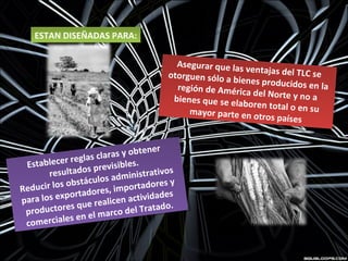 Establecer reglas claras y obtener
resultados previsibles.
Reducir los obstáculos administrativos
para los exportadores, importadores y
productores que realicen actividades
comerciales en el marco del Tratado.
Establecer reglas claras y obtener
resultados previsibles.
Reducir los obstáculos administrativos
para los exportadores, importadores y
productores que realicen actividades
comerciales en el marco del Tratado.
Asegurar que las ventajas del TLC seotorguen sólo a bienes producidos en laregión de América del Norte y no abienes que se elaboren total o en sumayor parte en otros países
Asegurar que las ventajas del TLC seotorguen sólo a bienes producidos en laregión de América del Norte y no abienes que se elaboren total o en sumayor parte en otros países
ESTAN DISEÑADAS PARA:ESTAN DISEÑADAS PARA:
 