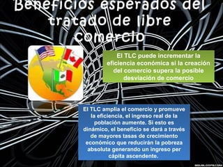 Beneficios esperados del
tratado de libre
comercio
El TLC amplia el comercio y promueve
la eficiencia, el ingreso real de la
población aumente. Si esto es
dinámico, el beneficio se dará a través
de mayores tasas de crecimiento
económico que reducirán la pobreza
absoluta generando un ingreso per
cápita ascendente.
El TLC amplia el comercio y promueve
la eficiencia, el ingreso real de la
población aumente. Si esto es
dinámico, el beneficio se dará a través
de mayores tasas de crecimiento
económico que reducirán la pobreza
absoluta generando un ingreso per
cápita ascendente.
El TLC puede incrementar la
eficiencia económica si la creación
del comercio supera la posible
desviación de comercio
El TLC puede incrementar la
eficiencia económica si la creación
del comercio supera la posible
desviación de comercio
 