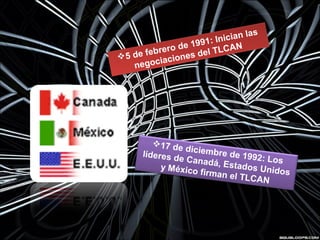 5 de febrero de 1991: Inician las
negociaciones del TLCAN
5 de febrero de 1991: Inician las
negociaciones del TLCAN
17 de diciembre de 1992: Los
líderes de Canadá, Estados Unidos
y México firman el TLCAN
 