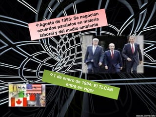 Agosto de 1993: Se negocian
acuerdos paralelos en materia
laboral y del medio ambienteAgosto de 1993: Se negocian
acuerdos paralelos en materia
laboral y del medio ambiente
1 de enero de 1994: El TLCAN
entra en vigor
1 de enero de 1994: El TLCAN
entra en vigor
 