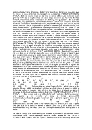 cabeza el oddun Eyilá Shebbora. Deben tener delante de Oshún una pesa,para que
les indique lo bueno o lo malo del día según sus oscilaciones. INSHE OSAIN IRE DE
OSHUN. Esto va en una tinaja que se viste con cinco addanes,los cuales se lavan
primero dentro de la tinajita donde ella va,se carga con cinco otá keké(una de ellas
mineral),cinco mates, cinco caracoles,un ojo de buey,cinco guacalotes. Se lava todo
con hiedra,pega pollo,orozún,no me olvides,himo de Oshún.Todo se coloca dentro,se
machaca canela,botón de oro,hierba buena,mejorana,hiedra,pega pollo,orozún, no me
olvides,himo de Oshún un pedacito de piedra de imán,limayas de todas clases,palo
carey,yamao,amansa guapo,cambia voz,tengue,ramón,caja,raíz de ceiba y de
atiponlá,ekú,eyá, ventiun ataré,cinco granos de maíz,cinco semillas de maravilla.Antes
de echar todo esto,se le da dos codornices a lo de adentro de la tinaja,dejándole las
dos lerí dentro,donde se pondrá también un collar de Oshún,corales y
azabaches,después agua de río,una yema de huevo y miel de abejas,se le carga a los
cinco dias de estar delante de Oshún. Se le dará dos addié junto con Oshún,diciéndole
para que lo quiere,vive detrás de la puerta de la casa,se prepara vino seco con canela
para echarle después de vez en cuando y come cada vez que coma Oshún.
CEREMONIA DE OSHUN PRELIMINAR AL KARIOSHA. Siete días antes de hacer el
Santo,se va con el Iyawó a la orilla del río,ahí se ponen cinco círculos con miel de
abeja,se pone Oshé Turá en el centro y cinco cazuelitas de oshinshín,se llama a
Oshún y se le dan dos codornices,a las cuales se les saca el corazón,se secan y estos
van para el ashé lerí de Iyawó. OSHA UMBO LERI OSHUN. Cuando el Iyawó va al
río se le dice que el primer pie que debe poner en la orilla del río sea el izquierdo,que
pise una piedrecita y que junto a esta busque cuatro más y que las traiga a su padrino.
Hay que tener hojas de banyoko,obi de osha,eru,kola y con esto se hacen cinco
muñequitas igual que las de añil,se hacen de tela amarilla,en cada una va un otá,una
hoja de banyoko,eru,obi,osun,kola y arena de río.Aparte se le dan cinco hojitas de
banyoko a la oyubbona para que las machaque junto al ashé lerí del Iyawó. Las cinco
bolsitas se pasan por el Até,junto con el ashé,con el signo que sacó en el registro de
entrada,Oshé Turá y los 16 mellis.Estas bolsitas se ponen después debajo de Oshún y
luego debajo de Elewa,entonces después van al trono y debajo del pilón o sea
cubiertas por el vestido del pilón. SECRETO DE DAR CINCO ADDIE A OSHUN.
A Oshún se le hace un humiero de botón de oro,se pone a Orúnmila en dos jícaras
encima de Oshún,se tapan con 16 hojas de ewe dun dun,Oshún va sobre el tablero
donde se marcará la siguiente atena: * I I
I I I I I I * * * * * I I I
I I O I I O O O O O O I I O O I I O O I I I I I I
I I I I O I I O I O O O * * * O O
O O O O I O O O O O I O O O O O
I I O O O I Se le da obi y omi tuto a Elewa,a Oshún y a Orúnmila,se le da
akukó a Elewa y addié marún akueri a Oshún y a Orúnmila,se le asan tres addié a
Oshún,las cuales se mandan para el río y las otras dos y el akukó son para el
almuerzo de Itá,el cuál se hace mediante Orúnmila. SECRETO PARA DAR AYAPA A
OSHUN. Este secreto está en el oddun Oshé Melli y se le da a Oshún para ganar
una guerra y se necesita un carey o jicotea grande,addié
melli,ekú,eyá,awadó,ataré,epó,igbín marún,con esto se pone la siguiente atena en el
suelo: * * * I I I I I I O O
O O O O I I I I I I O I O O I O
Sobre esta atena se echa arena de río y encima se pone a Oshún,a su lado se pone
una igba que se le pinta por dentro el oddun Oshé Turá y se le pone una otá
encima,se le da obi y omi tuto a Elewa y a Oshún para darles cuenta de lo que se va a
hacer.
Se coge el carey y se le dobla la lerí y con la otá de la jícara se va golpeando su cuello
mientras se canta: OSHUN MAFI MAFI YIONDAYA LERI AYAPA KE OPA OTA NILU
OTA NILE NILE OSHUN NILE NILE(coro) Se le arranca la lerí al carey y primero se
 