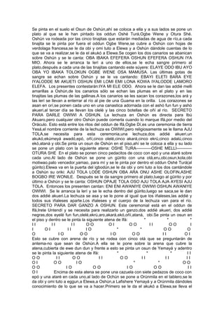 Se pinta en el suelo el Osun de Oshún,ahí se coloca a ella y a sus lados se pone un
plato al que se le han pintado los oddun Oshé Turá,Ogbe Wene y Otura Shé.
Oshún va rodeada por las cinco tinajitas que estarán mediadas de agua de río,a cada
tinajita se le pinta por fuera el oddun Ogbe Wene,se cubre a Oshún con hojas de
verdolaga francesa,se le da obi y omi tuto a Elewa y a Oshún dándole cuentas de lo
que se va a realizar,se le da el akukó a Elewa.Se cogen los dos canarios se abanican
sobre Oshún y se le canta: OBA IBAKA EFEFERA OSHUN EFEFERA OSHUN IYA
MIO. Ahora se le arranca la lerí a uno de ellos,se le echa sangre primero al
plato,después a cada una de las tinajitas cantando este súyere: ELAYE ODO IBU AYO
OBA YO IBAKA TOLOKUN OGBE WENE OSA MAMUSA. Las últimas gotas de
sangre se echan sobre Oshún y se le va cantando: EBAYI ELETI BARA EYE
IYALODDE MI AKUETI OSHUN EMI LOMI EMI LONA KOWA IYALODDE LAMORO
ELEFA. Los presentes contestarán:IYA MI ELE ODO. Ahora se le dan las addié melli
amarillas a Oshún,de los canarios sólo se echan las plumas en el plato y en las
tinajitas las plumas de las gallinas.A los canarios se les sacan los corazones,los ará y
las lerí se llevan a enterrar al río al pie de una Guama en la orilla. Los corazones se
asan en orí,se ponen cada uno en una canastica adornada con el ashó fun fun y ashó
akueri,al tercer día se llevan los olelé y las cinco botellas de oñí al río. SECRETO
PARA DARLE OWIWI A OSHUN. La lechuza en Oshún es directa para Ibú
Akuaro,pero cualquier otro Oshún puede comerla cuando lo marque Ifá,por medio del
Oráculo. Esto está entre los ritos del oddun de Ifá,Ogbe Dí,es una ceremonia de tierra
Yesá,el nombre corriente de la lechuza es OWIWI,pero religiosamente se le llama AJU
TOLA,se necesita para esta ceremonia,una lechuza,dos addié akueri,un
akukó,ekúmeyá awadó,epó, oñí,cinco olelé,cinco akará,cinco ekrú,cinco adalú,cinco
ekó,ataná y obi.Se pinta un osun de Oshún en el piso,ahí se le coloca a ella y su lado
se pone un plato con la siguiente atena: OSHE TURA-----------OSHE MELLI-----------
OTURA SHE En el plato se ponen cinco pedacitos de coco con epó y una ataré sobre
cada uno.Al lado de Oshún se pone un güirito con una otá,eru,obi,osun,kola,obi
motiwao,palo vencedor,yamao, para mí y se le pinta por dentro el oddun Oshé Turá(al
güirito).Elewa va en la puerta del igbodún,se le da obi y omi tuto a los dos cantándole
a Oshún su oriki: AJU TOLA LODE OSHUN OBA ARA ONU ASHE OLOFIN,ASHE
BOGBO IRE WONILE. Después se le da sangre primero al plato,luego al güirito y por
último a Oshún y se le canta: OSHUN OPAJE TOLA OSO AJU TOLA AJA AYESI AJU
TOLA. Entonces los presenten cantan: ENI ENI AWANIYE OWIWI OSHUN AWANIYE
OWIWI. Se le arranca la lerí y se le echa dentro del güirito,luego se saca,se le dan
dos addié akueri.La lechuza se asa y se le pone al igual que los iñaleses,las addié y
todos sus iñaleses aparte.Los iñaleses y el cuerpo de la lechuza van para el río.
SECRETO PARA DAR GANZO A OSHUN. Este ceremonial está en el oddun de
Ifá,Irete Untendí y se necesita para realizarlo un ganzo,dos addié akueri, dos addié
negras,dos eyelé fun fun,olelé,ekrú,aro,akará,ekó,oñí,ataná, obi.Se pinta un osun en
el piso y dentro se le pinta la siguiente atena de Ifá: * * *
I I I I I I O O O I O O I I O O I
I O I I I I O * * O O O
O I O O O I O O O I I O I
Esto se cubre con arena de río y se rodea con cinco otá que se preguntarán de
antema-no que sean de Oshún.A ella se le pone sobre la arena que cubre la
atena,cubierta de ewe dun dun y frente a esto se pinta un osun de Yemayá y adentro
se le pinta la siguiente atena de Ifá: * * * I I
O O I I O O I I O O I I I I I I
O I O O I O * * O O
O O I O O O I O O O I I
O I Encima de esta atena se pone una cazuela con siete pedazos de coco con
epó y una ataré en cada uno,al lado de Ochún se pone a Orúnmila en el tablero,se le
da obi y omi tuto a eggun,a Elewa,a Oshún,a Lafishere Yemayá y a Orúnmila dándoles
conocimiento de lo que se va a hacer.Primero se le da el akukó a Elewa,se lleva el
 