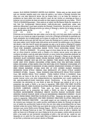 súyere: ALA KASHA SHANGO UNYEN ALA KASHA. Sobre esto se dan akukó melli
que se mandan asados para una mata de palma y se cubre a Shangó durante tres
días con una tela blanca.Al tercer día se limpia todo y si se trata de resolver un
problema se hace ebbó con todo esto.En caso de ser contra un enemigo,se lleva a
enterrar con el nombre de éste envuelto en tela negra al poniente de una ceiba. TOLO
TOLO A SHANGO(guanajo). Esto está en el oddun de Ifá,Okana Wete.Se necesita un
tolo tolo fun fun(guanajo blanco),akukó melli,obi,ekú,eyá, awadó,seis velas seis
addimús diferentes y que sean propios de Shangó. Ceremonia: Se pinta en el suelo un
osun de igbodún de Shangó,encima se coloca a Shangó y dentro de la batea se pinta
la siguiente atena de Ifá: * * * I I I O I I
O O I O O O I I O O I I I I I I I O
Entonces se le encienden las seis velas y se le da obi y omi tuto para darle cuentas de
lo que se va a hacer,se coge el guanajo y se le da a Shangó echándole la eyerbale por
fuera alrededor de la batea,luego se le pasa el cuello por la boca de la batea,se le da
akukó melli,se echa jujú del tolo tolo por fuera de Shangó,se le vuelve a dar obi y omi
tuto para saber como recibió esta obra,ahora se le ponen los addimuses y los iñaleses
del akukó y del tolo tolo.El arará del guanajo se asa y se le pone a Shangó.El súyere
del tolo tolo es el siguiente: ESE SHANGO AGOLONA ESE AGOLONA INSHE TOTO
TOLO ESE SHANGO AGOLONA INSHE TOTO TOLO AGOLONA INSHE TOLO
TOLO. CHIVO A SHANGO. En primer lugar el chivo debe de ser de color blanco y
ser un chivo jóven,lo comerá junto a Elewa a la misma vez,se pone una igba que
contiene iyó,ataré y epó,de esta igba tomarán un poco todos los presentes,después se
sacrifican los dos akukó.El rezo para darle chivo a Shangó y Elewa es el siguiente:
SHANGO ALAFI KOSIOKO NANA OKUNI INOSHE AKAPO ONI MOYUBA PE IWO
ATI BOGBO OMARE IWO MA EFE NA OMOKO TIRE BOKO KURE EKUA BAKE
KURE ANO EIYE KINIDA OSHUKMA ATIBA MARU ENU ENI MOYUBA OGEDE
KINIA OSHUKMA ATIBA MARU ENU ENI MOYUBA EIYE PINISEKE ESHUKIMA ATI
IMELE ORIKI AMAKEYO BANISHE AYUBA AGEDE KINISHOKO ESHIKA ATI IMOLE
IRIKI ODADI BANISHE AYUBA AWA IRE LE AYE LERIBO AUNKO SHANGO
MOSIKOSI EKUN ETELE OMOKA ANA MOGUAYE ATI OKUA ETELE AUNKO
SHANGO AYUBA. Súyere: Obbá: SHANGO ANA MOGUAYE OKUA TELE AUNKO
Coro: ME AIKOSI OKUA TELE AUNKO. PARA DARLE EYELE A SHANGO. Esta
ceremonia se hace el día de la comida a Olofin, antes de la comida y además se
puede marcar como una obra independiente.Los ingredientes son cuatro eyelé,doce
alá, epó,eta,eledé,oñí,ikokó keké,doce akrain. Ceremonia. A las doce del día se
encienden las akorainás en una ikokó al lado de Shangó que estará al sol y se le
presentan las eyelé a Olofin y se reza lo siguiente: OBA AWO ONI OMO OLOFIN
SHANGO OBAYE OMO OLOKUN OLUFINA EKE NITIDOLAYE NILE KUE KUE LEBA
OLOKUN LABESUN LABAYE. Todo esto se hace tocando el asheré de
Shangó,cuando se le presentan las eyelé a Olofin se dice lo siguiente: ASHE
OLORUN AKOKOIBERE ORUMALE OBAYE OLOFIN DUKUE OLODURE OKUE
ARAONU DUKUE DUKUE ASHE AYALUA KAKAMASIA OBAKOSO KISIEKO OLUO
AGAYU BANA BANA ONOFINA OLOKUN ELUFINA. Después de matar las eyelé se
canta lo siguiente: OBALAWO ONI OMO SHANGO OBAYARE ELUFINA OBALAWO
ONI OMO SHANGO OBAYERE. Las eyelé según se van matando se van poniendo
de manera que marquen los cuatro puntos cardinales,la batea de Shangó se deja allí
con el batido de quimbombó hasta el otro día con dos velas encendidas.Esto se hace
también antes de comer Olofin,hay que darle de comer el último akukó a Eggun ya que
siempre que come Olofin,come Shangó Eggun. NOTA: Cuando se le da de comer al
espíritu de Shangó,Tedún,se le dan 101 eyelé,entonces come el pilón y delante del
pilón se hace oro a Shangó con osun Kaley,se le da una ayapa y sobre esto se pone el
pilón y las eyelé se van poniendo recostadas al pilón y las ará de las eyelé se van
después en un ashó fun fun para isalé Oké.Los iñaleses de las eyelé se amasan con
orí,se frien y entonces se le ponen dentro a Shangó.
 
