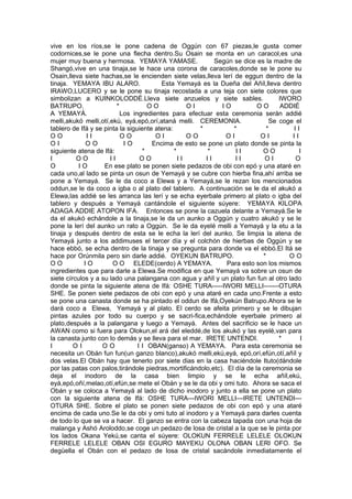 vive en los ríos,se le pone cadena de Oggún con 67 piezas,le gusta comer
codornices,se le pone una flecha dentro.Su Osain se monta en un caracol,es una
mujer muy buena y hermosa. YEMAYA YAMASE. Según se dice es la madre de
Shangó,vive en una tinaja,se le hace una corona de caracoles,donde se le pone su
Osain,lleva siete hachas,se le encienden siete velas,lleva lerí de eggun dentro de la
tinaja. YEMAYA IBU ALARO. Esta Yemayá es la Dueña del Añíl,lleva dentro
IRAWO,LUCERO y se le pone su tinaja recostada a una teja con siete colores que
simbolizan a KUINKOLODDÉ.Lleva siete anzuelos y siete sables. IWORO
BATRUPO. * O O O I I O O O ADDIÉ
A YEMAYÁ. Los ingredientes para efectuar esta ceremonia serán addié
melli,akukó melli,otí,ekú, eyá,epó,orí,ataná melli. CEREMONIA. Se coge el
tablero de Ifá y se pinta la siguiente atena: * * * I I
O O I I O O O I O O O I O I I I
O I O O I O Encima de esto se pone un plato donde se pinta la
siguiente atena de Ifá: * * * I I O O I
I O O I I O O I I I I I I O I O
O I O En ese plato se ponen siete pedazos de obi con epó y una ataré en
cada uno,al lado se pinta un osun de Yemayá y se cubre con hierba fina,ahí arriba se
pone a Yemayá. Se le da coco a Elewa y a Yemayá,se le rezan los mencionados
oddun,se le da coco a igba o al plato del tablero. A continuación se le da el akukó a
Elewa,las addié se les arranca las lerí y se echa eyerbale primero al plato o igba del
tablero y después a Yemayá cantándole el siguiente súyere: YEMAYA KILOPA
ADAGA ADDIE ATOPON IFA. Entonces se pone la cazuela delante a Yemayá.Se le
da el akukó echándole a la tinaja,se le da un aunko a Oggún y cuatro akukó y se le
pone la lerí del aunko un rato a Oggún. Se le da eyelé melli a Yemayá y la etu a la
tinaja y después dentro de esta se le echa la lerí del aunko. Se limpia la atena de
Yemayá junto a los addimuses el tercer día y el colchón de hierbas de Oggún y se
hace ebbó, se echa dentro de la tinaja y se pregunta para donde va el ebbó.El Itá se
hace por Orúnmila pero sin darle addié. OYEKUN BATRUPO. * O O
O O I O O O ELEDE(cerdo) A YEMAYA. Para esto son los mismos
ingredientes que para darle a Elewa.Se modifica en que Yemayá va sobre un osun de
siete círculos y a su lado una palangana con agua y añíl y un plato fun fun al otro lado
donde se pinta la siguiente atena de Ifá: OSHE TURA-----IWORI MELLI-------OTURA
SHE. Se ponen siete pedazos de obi con epó y una ataré en cada uno.Frente a esto
se pone una canasta donde se ha pintado el oddun de Ifá,Oyekún Batrupo.Ahora se le
dará coco a Elewa, Yemayá y al plato. El cerdo se afeita primero y se le dibujan
pintas azules por todo su cuerpo y se sacri-fica,echándole eyerbale primero al
plato,después a la palangana y luego a Yemayá. Antes del sacrificio se le hace un
AWAN como si fuera para Olokun,el ará del eleddé,de los akukó y las eyelé,van para
la canasta junto con lo demás y se lleva para el mar. IRETE UNTENDI. * I
I O I O O I I OBAN(ganso) A YEMAYA. Para esta ceremonia se
necesita un Obán fun fun(un ganzo blanco),akukó melli,ekú,eyá, epó,orí,efún,otí,añíl y
dos velas.El Obán hay que tenerlo por siete dias en la casa haciéndole Ituto(dándole
por las patas con palos,tirándole piedras,mortificándolo,etc). El día de la ceremonia se
deja el inodoro de la casa bien limpio y se le echa añíl,ekú,
eyá,epó,oñí,melao,otí,efún,se mete el Obán y se le da obi y omi tuto. Ahora se saca el
Obán y se coloca a Yemayá al lado de dicho inodoro y junto a ella se pone un plato
con la siguiente atena de Ifá: OSHE TURA---IWORI MELLI---IRETE UNTENDI---
OTURA SHE. Sobre el plato se ponen siete pedazos de obi con epó y una ataré
encima de cada uno.Se le da obi y omi tuto al inodoro y a Yemayá para darles cuenta
de todo lo que se va a hacer. El ganzo se entra con la cabeza tapada con una hoja de
malanga y Ashó Aroloddo,se coge un pedazo de losa de cristal a la que se le pinta por
los lados Okana Yekú,se canta el súyere: OLOKUN FERRELE LELELE OLOKUN
FERRELE LELELE OBAN OSI EGURO MAYEKU OLONA OBAN LERI OFO. Se
degüella el Obán con el pedazo de losa de cristal sacándole inmediatamente el
 