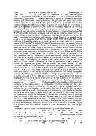 Yono.......................La vida de Azojuano. 4-Okana Sá..........................El Mensajero. 5-
Otura Shé........................El que lleva la ceremonia al Cielo. 6-Babá Ojuani
Melli..........Representa el Ajarara. 7-Babá Irete Melli............Es el espíritu de Azojuano
en el Cielo,El Resucitado. Sobre esta marca se coloca la canasta que debe estar
rodeada por siete platos como mínimo,uno con pan,otro con carne,otro viandas
surtidas y picadas en pedazos,otra con granos surtidos y ligados,otro con eyá tuto
picado en trozos,otro con enyí addié con el que se lim-piarán todos los presentes y el
último lo romperá en el awan y un último plato con hierbas de Azojuano.Se comienza
entonces a limpiarse a cada uno de los presentes comenzando con el pan y
terminando con las hierbas y cantando el siguiente súyere: AWAN AWAN AWAN NO
WAYA AWA ERO CASESE. Después cada uno de los presentes según termina de
limpiarse le echa una moneda en una igba que estará puesta de antemano al lado del
awan e inmediatamente cada uno se limpia con el JA de Azojuano y si hay esta Vodun
el canto es el siguiente: AWA BE SUKO NA BORE AWA BE SUKO NA MORE
AZOJUANO NAMERA. Ahora se le matará el pollo al awan cantando el siguiente
súyere: KUDEKO MAZOE AZO DEKO MAZOE(que la muerte no me sorprenda,que la
enfermedad no me sorprenda). Se sazona el awan,es decir se le echa ekú,eyá,epó,
awadó,otí kana y orí,si hay Azojuano, se pone sobre el awan y se le da obi y omi tuto
para darle a continuación los animales,si no lo hay,se le da obi y omi tuto al awan para
preguntarle para donde va,se levanta la canasta y se le canta: EFINA WERE EFINA
WERE BESIFITO EFINA WERE. A continuación se pasea la canasta por la
casa,bailándola si es un Azojuano en una con-sagración,los caballos de éste le bailan
con esto en la cabeza y cantando: MAZO KANA NUNE AZUKANA NUNE ZUNA
MERE NEGUE ZUNAWERE AZUKANA ZUNA MERE ENIWE ENUNE ERENIME
ANUÍWE ENIWE ENUNE ERENIME EDA SEMERE AYANIME ENUME ERENIME. y
cuando se regresa del paseo con la canasta se canta: AWAN DE KITI
DAIZEBEA,AWAN DE KITI MAISEBA. Terminando el súyere anterior,se procede a
envolver el awan y se manda con el manda-dero para donde haya indicado el awan.
K U A R A L D O . Para esta ceremonia se necesita un pollo o una paloma,dos
cocos,tela blanca y tela ne-gra,ekú,eyá,awadó,efún,flores de varios colores,tres
velas(una delante de la persona,otra detrás y la otra para eggun)tres tabacos(uno para
el muerto,uno para el Awó y otro por si viene otro Awó,pues deben estar fumando
todos),perfume que se le echará a las flores que tendrá la persona en sus manos y
cuyos pétalos se le regarán sobre todo su cuerpo al final del Kuaraldo,dos líneas de
aguardiente, nueve hierbas(salvadera,artemisa,álamo,albahaca,rompe
saragüey,muralla,verbena,paraiso y almácigo),un muñeco vestido con las ropas
usadas por la persona. Procedimiento: Se para a la persona y se le dan las flores y
perfume en sus manos,detrás se le ponen los signos y se le dan de comer
ekú,eyá,awadó,obi y akará. Se enciende una vela delante y otra detrás,se coge tela
blanca y se pone sobre el piso, sobre esta se pondrá la tela negra con sus
correspondientes signos,las hierbas se dividen en tres partes,una para el baño que
tiene que darse el interesado,otra para la palangana y el resto para el Kuaraldo.
Se pondrá una asistencia a su padrino o oyubbona,de estar muertos con sus
correspon-dientes signos.Con los animales se limpian todas las personas presentes y
la última es la perso-na interesada,después que se da el animal se pregunta a Eggun
si el Kuaraldo está listo: Súyere: KUARALDO NIYE KUARALDO NIYE,ARERE IKU
UNLO.
Detrás de la persona se escriben los siguientes signos de Ifá sobre el suelo: * *
* * * * * * O O I I I O O I O O O O O O I O
O O I O I I I I I I I I I I O I O O I I I I I I O I I I O
O I O O O I I I I I I I O I I I I I I Sobre la tela negra se pinta
con efún los siguientes signos de Ifá: * * * * O I I O
I O O I I I I I O O I I I I I I I I I I I I I I
I I O I Se le escribe a los eggun la siguiente atena de Ifá. * *
* * I O I I O I I O I I I O O I O I I I I I
 