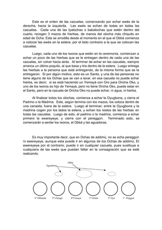 Este es el orden de las cazuelas, comenzando por echar ewés de la
derecha, hacia la izquierda. Las ewés se echan de todas en todas las
cazuelas. Cada una de las Iyalochas o babalochas que estén dentro del
cuarto, recogen 3 mazos de hierbas, de manos del olocha más chiquito en
edad de Ocha. Este se arrodilla desde el momento en el que el Obbá comienza
a colocar las ewés en la estera, por el lado contrario a la que se colocan las
cazuelas.
Luego, cada uno de los iworos que están en la ceremonia, comienzan a
echar un poco de las hierbas que se le entregan dentro de cada una de las
cazuelas, sin volver hacia atrás. Al terminar de echar en las cazuelas, siempre
arranca un último poquito, al que besa y tira dentro de la estera. Luego entrega
las hierbas a la persona que está entregando, de la misma forma que se la
entregaron. Si por algún motivo, esto es un Santo, y una de las personas no
tiene alguno de los Ochas que se van a lavar, en esa cazuela no puede echar
hierba, es decir; si se está haciendo un Yemayá con Oro para Oricha Oko, y
uno de los iworos es hijo de Yemayá, pero no tiene Oricha Oko, puede estar en
el Santo, pero en la cazuela de Oricha Oko no puede echar, ni agua, ni hierba.
Al finalizar todos los olochas, comienza a echar la Oyugbona, y cierra el
Padrino o la Madrina. Este, según termina con los mazos, los coloca dentro de
una canasta, fuera de la estera. Luego al terminar, entre la Oyugbona y la
madrina cogen por los lados la estera, y echan los restos de las hierbas en
todas las cazuelas. Luego de esto, el padrino o la madrina, comienza a echar
primero la ewereyeye, y cierra con el pereggún. Terminado esto, se
comenzarán a sentar los iworos, el Obbá y las aguadoras.
Es muy importante decir, que en Ochas de addimú, no se echa pereggún
ni ewereyeye, aunque esta puede ir en algunos de los Ochas de addimú. El
ewereyeye por el contrario, puede ir en cualquier cazuela, pues sustituye a
cualquiera de las ewés que puedan faltar en la consagración que se esté
realizando.
Obbá
Aguadoras.
6º Obbatalá 5º Changó 4ºYemayá 3º Ochún 2º Oyá 1º Elegguá
 