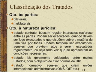 11
Classificação dos Tratados
Qto. às partes:
bilaterais;
multilaterais
Qto. à natureza jurídica:
tratado contrato; buscam regular interesses recíproco
entre as partes. Podem ser executados, quando devem
ser logo executados e que dispõem sobre a matéria de
uma vez por todas. Podem também ser executórios,
aqueles que prevêem atos a serem executados
regularmente, ou seja toda vez que se apresentem as
condições necessárias.
tratado lei; geralmente celebrados entre muitos
Estados, com o objetivo de fixar normas de DIP.
tratado normativo; aqueles que criam uniões
internacionais administrativas (OMS, OIT etc.)
 