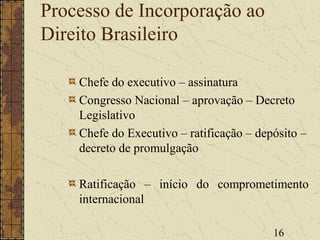 16
Processo de Incorporação ao
Direito Brasileiro
Chefe do executivo – assinatura
Congresso Nacional – aprovação – Decreto
Legislativo
Chefe do Executivo – ratificação – depósito –
decreto de promulgação
Ratificação – início do comprometimento
internacional
 