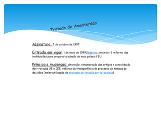 Assinatura: 2 de outubro de 1997

Entrada em vigor: 1 de maio de 1999Objetivo: proceder à reforma das
instituições para preparar a adesão de mais países à EU


Principais mudanças:         alteração, renumeração dos artigos e consolidação
dos tratados UE e CEE; reforço da transparência do processo de tomada de
decisões (maior utilização do processo de votação por co-decisão)
 