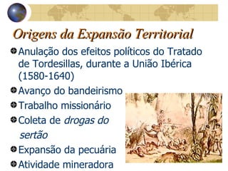 Origens da Expansão Territorial Anulação dos efeitos políticos do Tratado de Tordesillas, durante a União Ibérica (1580-1640) Avanço do bandeirismo Trabalho missionário Coleta de  drogas do  sertão Expansão da pecuária Atividade mineradora 