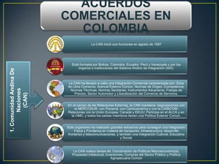 ACUERDOS
                         COMERCIALES EN
                           COLOMBIA
                                        La CAN inició sus funciones en agosto de 1997




                            Está formada por Bolivia, Colombia, Ecuador, Perú y Venezuela y por los
                                órganos e instituciones del Sistema Andino de Integración (SAI).
1. Comunidad Andina De




                         La CAN ha llevado a cabo una Integración Comercial caracterizada por: Zona
                         de Libre Comercio, Arancel Externo Común, Normas de Origen, Competencia,
       Naciones




                          Normas Técnicas, Normas Sanitarias, Instrumentos Aduaneros, Franjas de
                             Precios, Sector Automotor y Liberalización del Comercio de Servicios.
        (CAN)




                         En el campo de las Relaciones Externas, la CAN mantiene: negociaciones con
                             el MERCOSUR, con Panamá, con Centroamérica y con la CARICOM;
                         Relaciones con la Unión Europea, Canadá y EEUU; Participa en el ALCA y en
                           la OMC; y todos los países miembros tienen una Política Exterior Común.


                         Este organismo ha realizado grandes esfuerzos para conseguir una Integración
                             Física y Fronteriza en materia de transporte, infraestructura, desarrollo
                         fronterizo y telecomunicaciones, y también una Integración Cultural, Educativa
                                                             y Social.



                            La CAN realiza tareas de: Coordinación de Políticas Macroeconómicas,
                            Propiedad Intelectual, Inversiones, Compras del Sector Público y Política
                                                      Agropecuaria Común
 