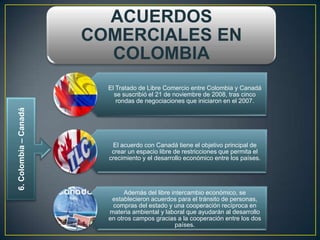 ACUERDOS
                       COMERCIALES EN
                         COLOMBIA
                         El Tratado de Libre Comercio entre Colombia y Canadá
                           se suscribió el 21 de noviembre de 2008, tras cinco
                            rondas de negociaciones que iniciaron en el 2007.
6. Colombia – Canadá




                          El acuerdo con Canadá tiene el objetivo principal de
                          crear un espacio libre de restricciones que permita el
                         crecimiento y el desarrollo económico entre los países.




                               Además del libre intercambio económico, se
                          establecieron acuerdos para el tránsito de personas,
                          compras del estado y una cooperación recíproca en
                         materia ambiental y laboral que ayudarán al desarrollo
                         en otros campos gracias a la cooperación entre los dos
                                                 países.
 
