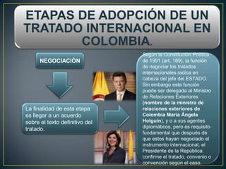 ETAPAS DE ADOPCIÓN DE UN
TRATADO INTERNACIONAL EN
       COLOMBIA.
                                Según la Constitución Política
      NEGOCIACIÓN               de 1991 (art. 189), la función
                                de negociar los tratados
                                internacionales radica en
                                cabeza del jefe del ESTADO.
                                Sin embargo esta función
                                puede ser delegada al Ministro
                                de Relaciones Exteriores
                                (nombre de la ministra de
La finalidad de esta etapa      relaciones exteriores de
es llegar a un acuerdo          Colombia María Ángela
sobre el texto definitivo del   Holguín), y o a sus agentes
tratado.                        diplomáticos, pero es requisito
                                fundamental que después de
                                que estos hayan negociado el
                                instrumento internacional, el
                                Presidente de la República
                                confirme el tratado, convenio o
                                convención según el caso.
 