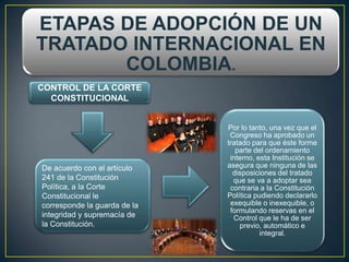ETAPAS DE ADOPCIÓN DE UN
TRATADO INTERNACIONAL EN
       COLOMBIA.
CONTROL DE LA CORTE
  CONSTITUCIONAL


                              Por lo tanto, una vez que el
                               Congreso ha aprobado un
                              tratado para que éste forme
                                 parte del ordenamiento
                               interno, esta Institución se
De acuerdo con el artículo    asegura que ninguna de las
                                disposiciones del tratado
241 de la Constitución          que se va a adoptar sea
Política, a la Corte           contraria a la Constitución
Constitucional le             Política pudiendo declararlo
corresponde la guarda de la    exequible o inexequible, o
                               formulando reservas en el
integridad y supremacía de      Control que le ha de ser
la Constitución.                  previo, automático e
                                         integral.
 