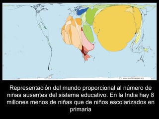 Representación del mundo proporcional al número de
niñas ausentes del sistema educativo. En la India hay 8
millones menos de niñas que de niños escolarizados en
primaria
 