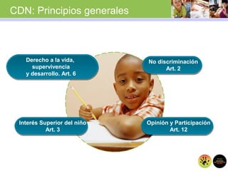 CDN: Principios generales
Text in here
No discriminación
Art. 2
Opinión y Participación
Art. 12
Interés Superior del niño
Art. 3
Derecho a la vida,
supervivencia
y desarrollo. Art. 6
 