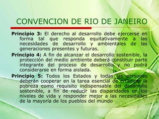 CONVENCION DE RIO DE JANEIRO
Principio 3: El derecho al desarrollo debe ejercerse en
forma tal que responda equitativamente a las
necesidades de desarrollo y ambientales de las
generaciones presentes y futuras.
Principio 4: A fin de alcanzar el desarrollo sostenible, la
protección del medio ambiente deberá constituir parte
integrante del proceso de desarrollo y no podrá
considerarse en forma aislada.
Principio 5: Todos los Estados y todas las personas
deberán cooperar en la tarea esencial de erradicar la
pobreza como requisito indispensable del desarrollo
sostenible, a fin de reducir las disparidades en los
niveles de vida y responder mejor a las necesidades
de la mayoría de los pueblos del mundo

 