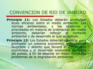 CONVENCION DE RIO DE JANEIRO
Principio 11: Los Estados deberán promulgar
leyes eficaces sobre el medio ambiente. Las
normas ambientales, y los objetivos y
prioridades en materia de ordenación del medio
ambiente, deberían reflejar el contexto
ambiental y de desarrollo al que se aplican.
Principio 12: Los Estados deberían cooperar para
promover un sistema económico internacional
favorable y abierto que llevara el crecimiento
económico y el desarrollo sostenible de todos
los países, a fin de abordar en mejor forma los
problemas de la degradación ambiental.

 