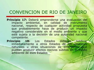 CONVENCION DE RIO DE JANEIRO
Principio 17: Deberá emprenderse una evaluación del
impacto ambiental, en calidad de instrumento
nacional, respecto de cualquier actividad propuesta
que probablemente haya de producir un impacto
negativo considerable en el medio ambiente y que
esté sujeta a la decisión de una autoridad nacional
competente.
Principio
18:
Los
Estados
deberán
notificar
inmediatamente a otros Estados de los desastres
naturales u otras situaciones de emergencia que
puedan producir efectos nocivos súbitos en el medio
ambiente de esos Estados

 