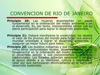CONVENCION DE RIO DE JANEIRO
Principio 20: Las mujeres desempeñan un papel
fundamental en la ordenación del medio ambiente y en
el desarrollo. Es, por tanto, imprescindible contar con su
plena participación para lograr el desarrollo sostenible.
Principio 21: Deberá movilizarse la creatividad, los ideales
el valor de los jóvenes del mundo para forjar una alianza
mundial orientada a lograr el desarrollo sostenible y
asegurar un mejor futuro para todos.
Principio 22: Los pueblos indígenas y sus comunidades, así
como otras comunidades locales, desempeñan un papel
fundamental en la ordenación del medio ambiente y en
el desarrollo debido a sus conocimientos y prácticas
tradicionales. Los Estados deberían reconocer y prestar
el apoyo debido a su identidad, cultura e intereses y
velar por que participaran efectivamente en el logro del
desarrollo sostenible.

 
