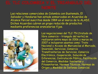 EL TLC COLOMBIA Y EL TRIANGULO DEL 
NORTE 
Las relaciones comerciales de Colombia con Guatemala, El 
Salvador y Honduras han estado enmarcadas en Acuerdos de 
Alcance Parcial suscritos desde 1984 en el marco de la ALADI. 
Dichos Acuerdos cubren un grupo reducido de productos 
mediante preferencias arancelarias fijas. 
Las negociaciones del TLC-TN (tratado de 
libre comercio – triangulo del norte) se 
realizaron entre mayo de 2006 y marzo de 
2007 e incluyeron asuntos como: Trato 
Nacional y Acceso de Mercancías al Mercado, 
Inversión, Servicios, Comercio 
Transfronterizo de Servicios, Comercio 
Electrónico, Cooperación, Solución de 
Diferencias, Contratación Pública, Facilitación 
del Comercio, Medidas Sanitarias y 
Fitosanitarias, Normas Técnicas, Normas de 
Origen y Medidas de Defensa Comercial. 
 