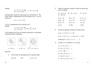 Ejemplo:
A = {1, 2, 5, 7, 8}
B = {1, 5, 6, 9}
A − B = {2, 7 8}
Principalmente cuando B es subconjunto de A, la diferencia A – B se
llama conjunto complementario de B en relación con A, y esto se
escribe así:
D = A − B = C B
A
y se lee “complemento de B en relación con A”.
Ejemplo:
A = {2, 3, 4, 6, 8} B
B = {3, 4, 8} C A
= {2, 6}
En los diagramas de Venn, las siguientes diferencias se representan
mediante las partes sombreadas.
B
A − B ⊂ A A − B = A C A = A − B ⊂ A
Ejercicios:
1) Forme todos los subconjuntos de los conjuntos dados:
a) {a, b} b) ∅ c) {1, 2, 3}
2) Dados los siguientes conjuntos, efectúe las operaciones
que se le indican:
A = {a, b, c}; B = {c, e, f, g}; C = {c, f};
D = {m, n}
a) A ∪ B b) A ∪ D c) A ∪ ∅
d) D ∪ D e) A ∩ B f) A ∩ D
g) D ∩ D h) C ∩ C i) A− B
j) C C
k) C∅
l) C D
B B D
3) Escriba los siguientes conjuntos en forma de lista:
a) {x / x ∈ N y (2 < x < 8)}
b) {z / z ∈ N y (3 < z < 10) y (6 < z < 13)}
Siendo que N = {0, 1, 2, 3, 4 ..........}
4) Escriba V si es verdadero y F si es falso.
a) 2 ∈ {1, 2, 3} ( )
b) 12 ∈ {1, 2, 3} ( )
c) ∅ = {0} ( )
d) {a} ⊂ {a, b, c} ( )
e) {a, b} ⊂ {a, c} ( )
f) {a, b, c} ⊃ {b, c, a} ( )
[
[
B
A A
B
A B
10 11
 