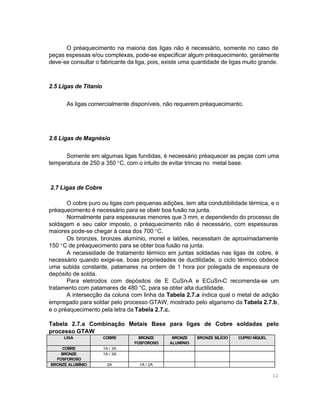 O préaquecimento na maioria das ligas não é necessário, somente no caso de
peças espessas e/ou complexas, pode-se especificar algum préaquecimento, geralmente
deve-se consultar o fabricante da liga, pois, existe uma quantidade de ligas muito grande.

2.5 Ligas de Titanio
As ligas comercialmente disponíveis, não requerem préaquecimanto.

2.6 Ligas de Magnésio
Somente em algumas ligas fundidas, é neceesário préaquecer as peças com uma
temperatura de 250 a 350 °C, com o intuito de evitar trincas no metal base.

2.7 Ligas de Cobre
O cobre puro ou ligas com pequenas adições, tem alta condutibilidade térmica, e o
préaquecimento é necessário para se obetr boa fusão na junta.
Normalmente para espessuras menores que 3 mm, e dependendo do processo de
soldagem e seu calor imposto, o préaquecimento não é necessário, com espessuras
maiores pode-se chegar á casa dos 700 °C.
Os bronzes, bronzes alumínio, monel e latões, necessitam de aproximadamente
150 °C de préaquecimento para se obter boa fusão na junta.
A necessidade de tratamento térmico em juntas soldadas nas ligas de cobre, é
necessário quando exige-se, boas propriedades de ductilidade, o ciclo térmico obdece
uma subida constante, patamares na ordem de 1 hora por polegada de espessura de
depósito de solda.
Para eletrodos com depósitos de E CuSn-A e ECuSn-C recomenda-se um
tratamento com patamares de 480 °C, para se obter alta ductilidade.
A intersecção da coluna com linha da Tabela 2.7.a indica qual o metal de adição
empregado para soldar pelo processo GTAW, mostrado pelo algarismo da Tabela 2.7.b,
e o préaquecimento pela letra da Tabela 2.7.c.
Tabela 2.7.a Combinação Metais Base para ligas de Cobre soldadas pelo
processo GTAW
LIGA

COBRE

COBRE
BRONZE
FOSFOROSO
BRONZE ALUMÍNIO

1A / 3A
1A / 3A
2A

BRONZE
FOSFOROSO

BRONZE
ALUMÍNIO

BRONZE SILÍCIO

CUPRO NÍQUEL

1A / 2A

12

 
