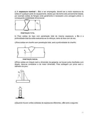 a) A espessura nominal ( En) a ser empregada, deverá ser a maior espessura da
solda em qualquer parte do equipamento, desde que não tenha sido previamente tratada,
por exemplo soldas de flanges onde geralmente é necessário uma usinagem prévia e
consequente estabilidade dimensional.

b) Para soldas de topo com penetração total de mesma espessura, a En é a
profundidade total da solda exetuando-se os reforços, tanto de face com de raiz.
c)Para soldas em chanfro sem penetração total, será a profundidade do chanfro.

d)Para soldas em ângulo será a dimensão da garganta, se houver junta chanfrada e em
ângulo, deve-se considerar a de maior dimensão. Para soldagem por pinos será o
diâmetro do pino.

e)Quando houver uniões soldadas de espessuras diferentes, a En será a seguinte:

25

 