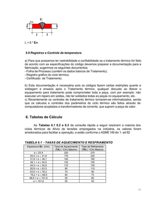 L = 6 * En
5.9 Registros e Controle de temperatura
a) Para que possamos ter rastrebilidade e confiabilidade se o tratamento térmico for feito
de acordo com as especificações do código devemos preparar a documentação para a
fabricação, sugerimos os seguintes documentos:
- Folha de Processo (contém os dados básicos de Tratamento);
- Registro gráfico do ciclo térmico;
- Certificado de Tratamento;
b) Esta documentação é necessária pois os códigos fazem certas restrições quanto a
soldagem e ensaios após o Tratamento térmico, qualquer discuido ao liberar o
equipamento para tratamento pode comprometer toda a peça, com por exemplo: não
executar um reparo em soldas, não ter soldados todas as peças no equipamento, etc.
c) Recentemente os controles de tratamento térmico tornaram-se informatizados, sendo
que os calculos e controles dos parâmetros do ciclo térmico são feitos através de
computadores acoplados a transformadores de corrente, que suprem a peça de calor.

6. Tabelas de Cálculo
As Tabelas 6.1 6.2 e 6.3 de consulta rápida a seguir resolvem a maioria dos
ciclos térmicos de Alívio de tensões empregados na indústria, os valores foram
arredonados para facilitar a operação, e estão conforme o ASME VIII div 1. ed 92
TABELA 6.1 - TAXAS DE AQUECIMENTO E RESFRIAMENTO
Espessura En (mm)
e ≤ 25,4
25,4 > e ≥ 31,8
31,8 > e ≥ 38,1
38,1 > e ≥ 44,5
44,5 > e ≥ 50,8
50,8 > e ≥ 63,5
63,5 > e ≥ 76,2
76,2 > e ≥ 88,9
88,9 > e ≥ 101,6
e > 101,6

Taxa de Aquecimento
(TA) ( °C/h) Máximo
220
170
145
120
110
85
70
60
55
55

Taxa de Refriamento
(TR) ( °C/h) Máximo
275
220
185
155
135
110
90
75
65
55

30

 