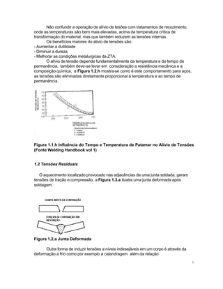 Não confundir a operação de alívio de tesões com tratamentos de recozimento,
onde as temperaturas são bem mais elevadas, acima da temperatura crítica de
transformação do material, mas que também reduzem as tensões internas.
Os benefícios maiores do alivio de tensões são:
- Aumentar a dutilidade
- Diminuir a dureza
- Melhorar as condições metalurgicas da ZTA.
O alívio de tensão depende fundamentalmente da temperatura e do tempo de
permanência, também deve-se levar em consideração a resistência mecânica e a
composição química, a Figura 1.2.h mostra-se como é este comportamento para aços,
as tensões são eliminadas diretamente proporcional à temperatura e ao tempo de
permanência.

Figura 1.1.h Influência do Tempo e Temperatura de Patamar no Alívio de Tensões
(Fonte Welding Handbook vol 1)
1.2 Tensões Residuais
O aquecimento localizado provocado nas adjacências de uma junta soldada, geram
tensões de tração e compressão, a Figura 1.3.a ilustra uma junta deformada após
soldagem.

Figura 1.2.a Junta Deformada
Outra forma de induzir tensões a níveis indesejáveis em um corpo é através da
deformação a frio como por exemplo a calandragem além da relação
6

 