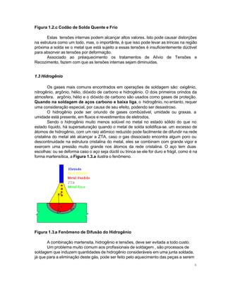 Figura 1.2.c Codão de Solda Quente e Frio
Estas tensões internas podem alcançar altos valores. Isto pode causar distorções
na estrutura como um todo, mas, o importânte, é que isso pode levar as trincas na região
próxima a solda se o metal que está sujeito a essas tensões é insuficientemente dúctivel
para absorver as tensões por deformação.
Associado ao préaquecimento os tratamentos de Alívio de Tensões e
Recozimento, fazem com que as tensões internas sejam diminuidas.
1.3 Hidrogênio
Os gases mais comuns encontrados em operações de soldagem são: oxigênio,
nitrogênio, argônio, hélio, dióxido de carbono e hidrogênio. O dois primeiros orindos da
atmosfera, argônio, hélio e o dióxido de carbono são usados como gases de proteção.
Quando na soldagem de aços carbono e baixa liga, o hidrogênio, no entanto, requer
uma consideração especial, por causa de seu efeito, podendo ser desastroso.
O hidrogênio pode ser oriundo de gases combústivel, umidade ou graxas. a
umidade está presente, em fluxos e revestimentos de eletrodos.
Sendo o hidrogênio muito menos solúvel no metal no estado sólido do que no
estado líquido, há supersaturação quando o metal de solda solidifica-se. um excesso de
átomos de hidrogênio, com um raio atômico reduzido pode facilmente de difundir na rede
cristalina do metal até alcançar a ZTA, caso o gas dissociado encontra algum poro ou
descontinuidade na estrutura cristalina do metal, eles se combinam com grande vigor e
exercem uma pressão muito grande nos átomos da rede cristalina. O aço tem duas
escolhas: ou se deforma caso o aço seja dúctil ou trinca se ele for duro e frágil, como é na
forma martensítica, a Figura 1.3.a ilustra o fenômeno.

Figura 1.3.a Fenômeno de Difusão do Hidrogênio
A combinação martensita, hidrogênio e tensões, deve ser evitada a todo custo.
Um problema muito comum aos profissionais de soldagem , são processos de
soldagem que induzem quantidades de hidrogênio consideráveis em uma junta soldada,
já que para a eliminação deste gás, pode ser feito pelo aquecimento das peças a serem
8

 