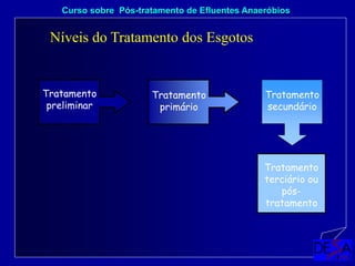 Níveis do Tratamento dos Esgotos
Curso sobre Pós-tratamento de Efluentes Anaeróbios
Tratamento
preliminar
Tratamento
primário
Tratamento
terciário ou
pós-
tratamento
Tratamento
secundário
 