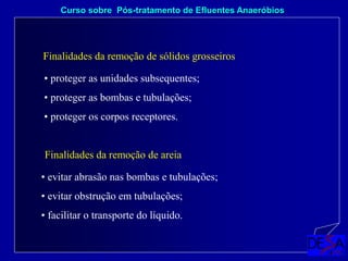 Finalidades da remoção de sólidos grosseiros
Curso sobre Pós-tratamento de Efluentes Anaeróbios
• proteger as unidades subsequentes;
• proteger as bombas e tubulações;
• proteger os corpos receptores.
Finalidades da remoção de areia
• evitar abrasão nas bombas e tubulações;
• evitar obstrução em tubulações;
• facilitar o transporte do líquido.
 