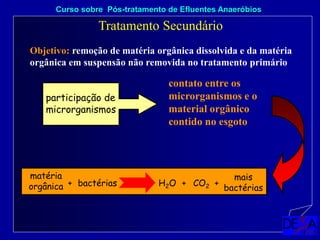 Tratamento Secundário
Curso sobre Pós-tratamento de Efluentes Anaeróbios
Objetivo: remoção de matéria orgânica dissolvida e da matéria
orgânica em suspensão não removida no tratamento primário
participação de
microrganismos
contato entre os
microrganismos e o
material orgânico
contido no esgoto
matéria
orgânica + H2O
bactérias
mais
bactérias
+
+ CO2
 