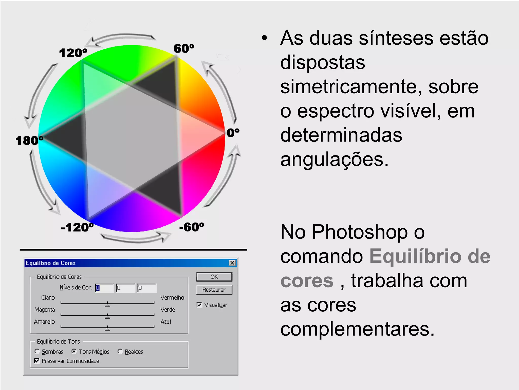 • As duas sínteses estão
  dispostas
  simetricamente, sobre
  o espectro visível, em
  determinadas
  angulações.


  No Photoshop o
  comando Equilíbrio de
  cores , trabalha com
  as cores
  complementares.
 
