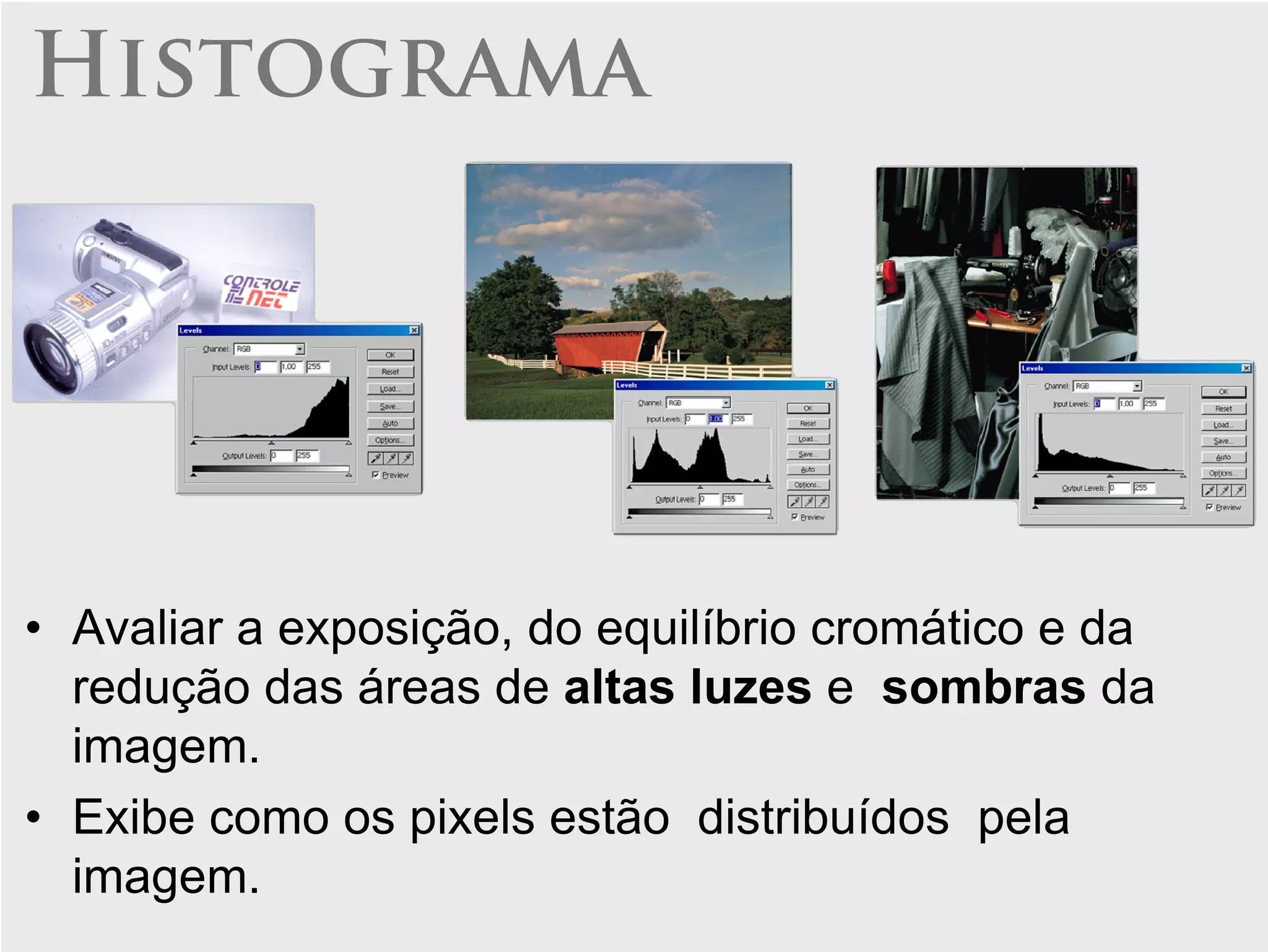 Histograma




• Avaliar a exposição, do equilíbrio cromático e da
  redução das áreas de altas luzes e sombras da
  imagem.
• Exibe como os pixels estão distribuídos pela
  imagem.
 