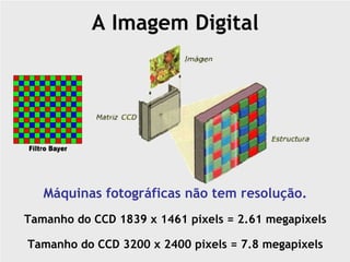 A Imagem Digital




   Máquinas fotográficas não tem resolução.
Tamanho do CCD 1839 x 1461 pixels = 2.61 megapixels

Tamanho do CCD 3200 x 2400 pixels = 7.8 megapixels
 