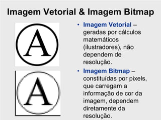 Imagem Vetorial & Imagem Bitmap
              • Imagem Vetorial –
                geradas por cálculos
                matemáticos
                (ilustradores), não
                dependem de
                resolução.
              • Imagem Bitmap –
                constituídas por pixels,
                que carregam a
                informação de cor da
                imagem, dependem
                diretamente da
                resolução.
 